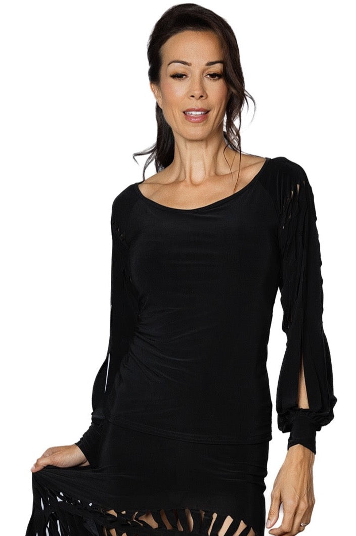 Unleash your edgy side with our T2415 Top featuring band cut sleeves. Perfect for adding a playful touch to any outfit, this top will have you standing out from the crowd. Embrace your unique style with this one-of-a-kind piece. black