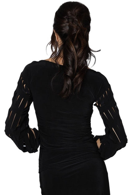 Unleash your edgy side with our T2415 Top featuring band cut sleeves. Perfect for adding a playful touch to any outfit, this top will have you standing out from the crowd. Embrace your unique style with this one-of-a-kind piece. black from back