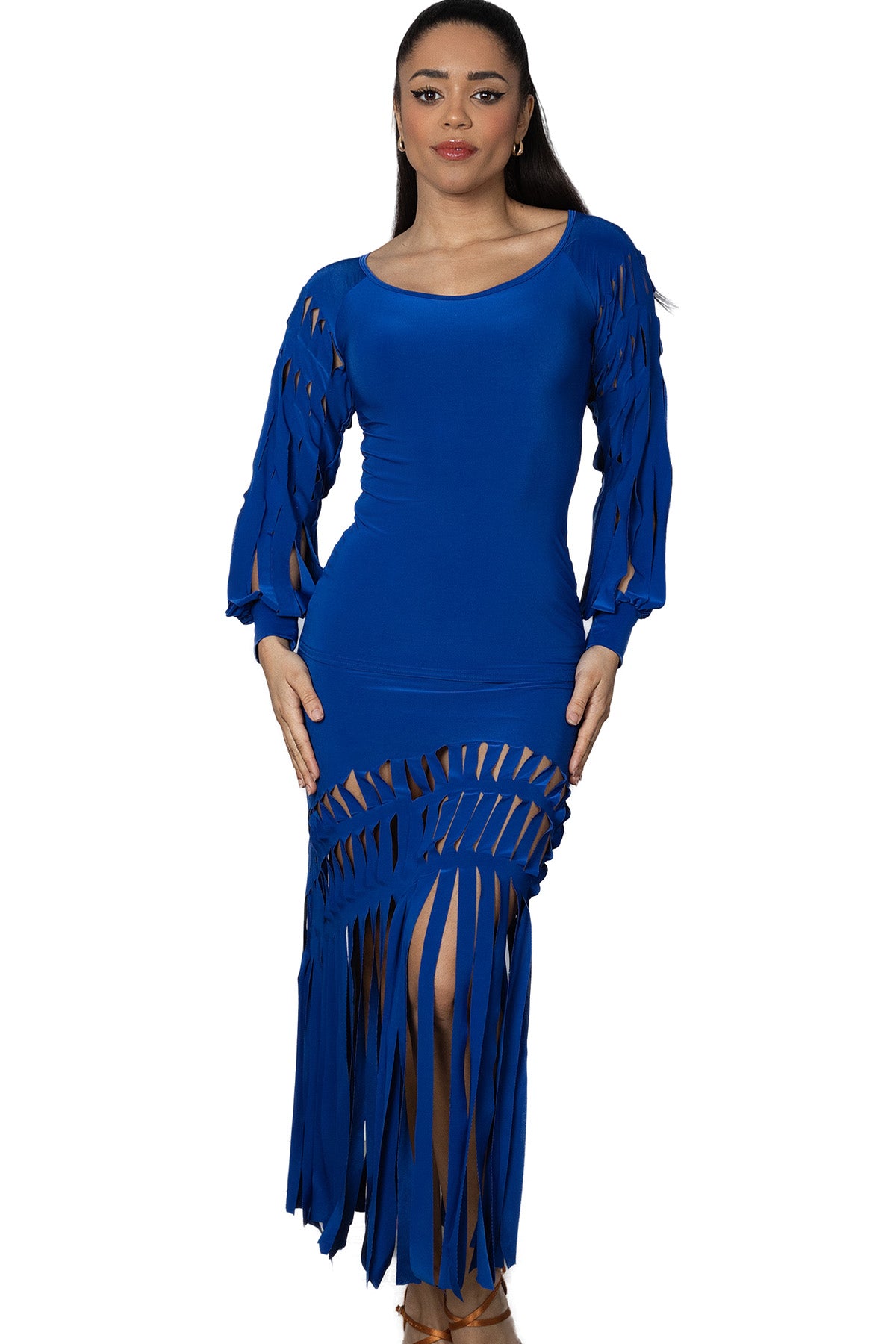 S2408 Cutout Band Skirt  Indulge in the elegance of our S2408 Cutout Band Skirt. The luxurious lasercut fabric creates a striking fringe pattern that will turn heads. Perfect for any occasion, this skirt will make you feel sophisticated and chic. Elevate your wardrobe with this exclusive piece. Blue