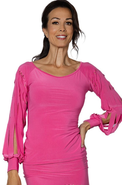 Unleash your edgy side with our T2415 Top featuring band cut sleeves. Perfect for adding a playful touch to any outfit, this top will have you standing out from the crowd. Embrace your unique style with this one-of-a-kind piece. pink