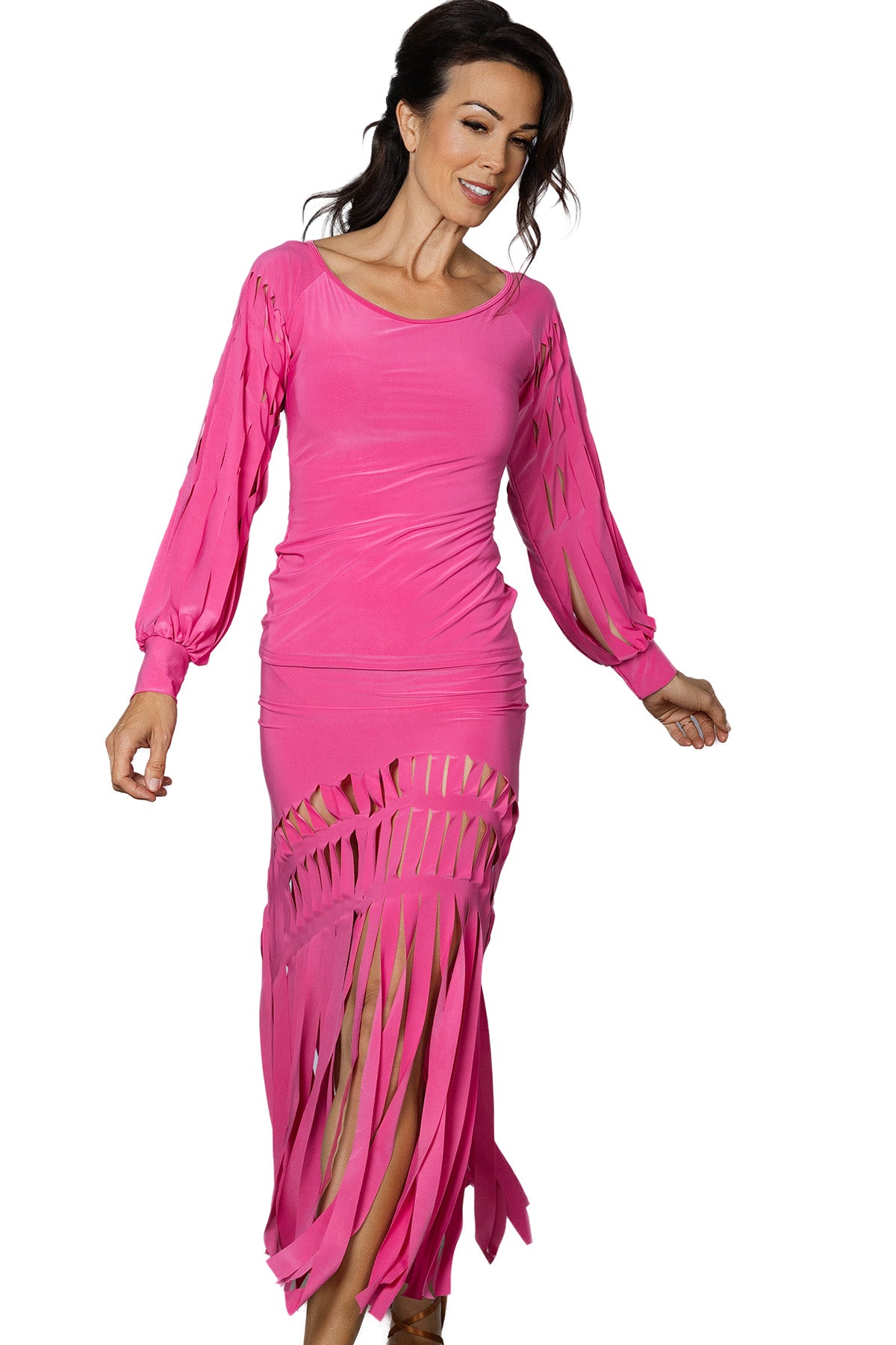 S2408 Cutout Band Skirt  Indulge in the elegance of our S2408 Cutout Band Skirt. The luxurious lasercut fabric creates a striking fringe pattern that will turn heads. Perfect for any occasion, this skirt will make you feel sophisticated and chic. Elevate your wardrobe with this exclusive piece. Pink