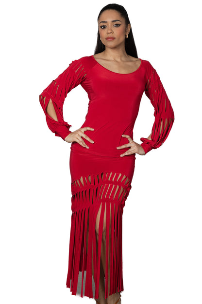 S2408 Cutout Band Skirt  Indulge in the elegance of our S2408 Cutout Band Skirt. The luxurious lasercut fabric creates a striking fringe pattern that will turn heads. Perfect for any occasion, this skirt will make you feel sophisticated and chic. Elevate your wardrobe with this exclusive piece. Red