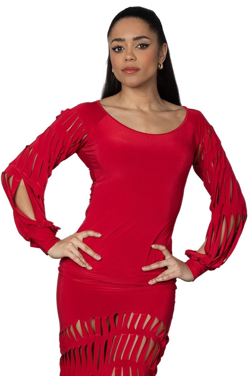 Unleash your edgy side with our T2415 Top featuring band cut sleeves. Perfect for adding a playful touch to any outfit, this top will have you standing out from the crowd. Embrace your unique style with this one-of-a-kind piece. red