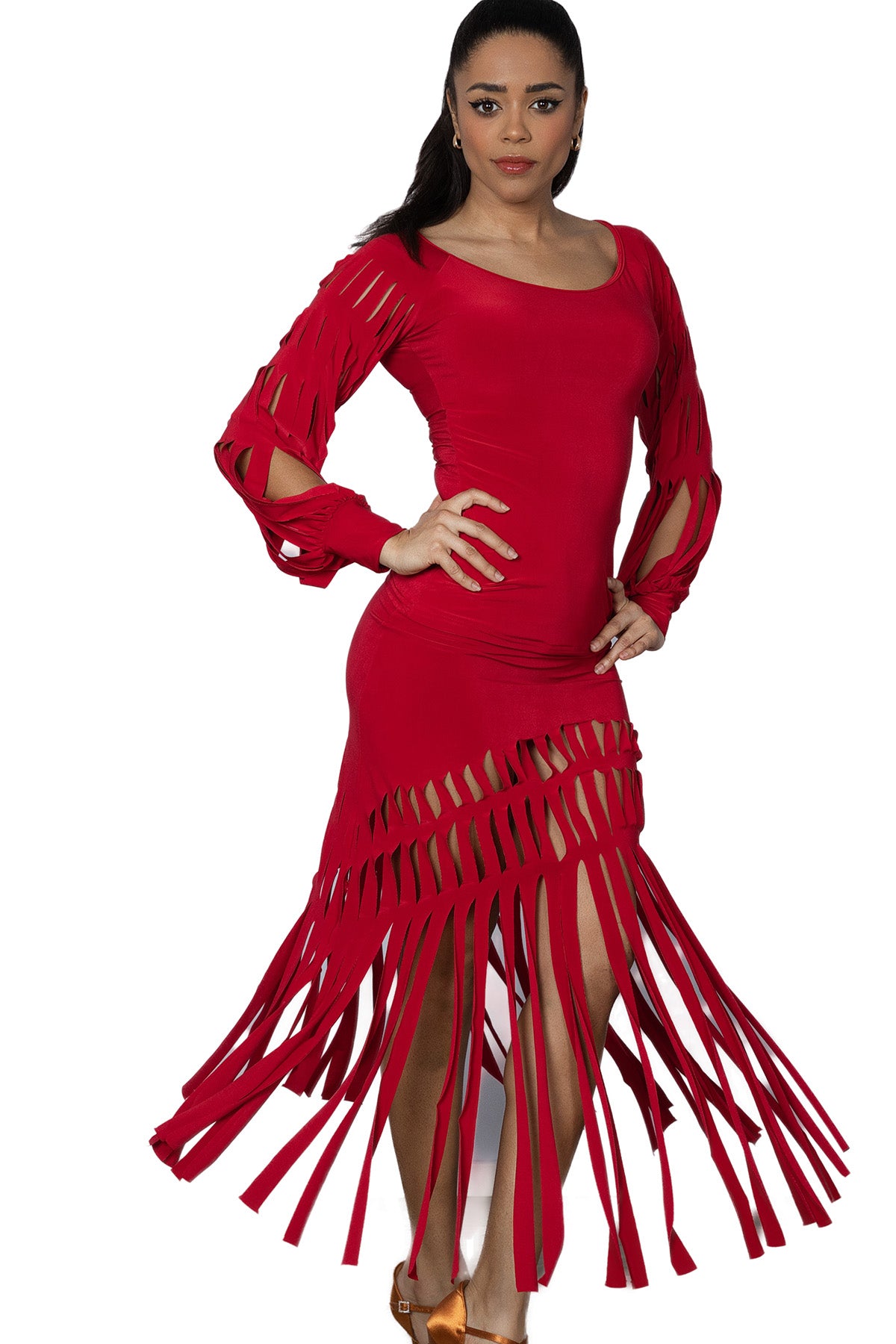 S2408 Cutout Band Skirt  Indulge in the elegance of our S2408 Cutout Band Skirt. The luxurious lasercut fabric creates a striking fringe pattern that will turn heads. Perfect for any occasion, this skirt will make you feel sophisticated and chic. Elevate your wardrobe with this exclusive piece. Red