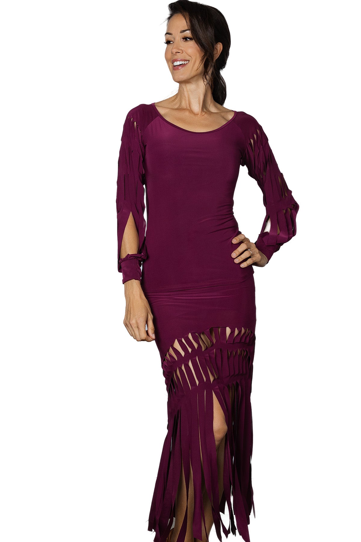 S2408 Cutout Band Skirt  Indulge in the elegance of our S2408 Cutout Band Skirt. The luxurious lasercut fabric creates a striking fringe pattern that will turn heads. Perfect for any occasion, this skirt will make you feel sophisticated and chic. Elevate your wardrobe with this exclusive piece. Wine