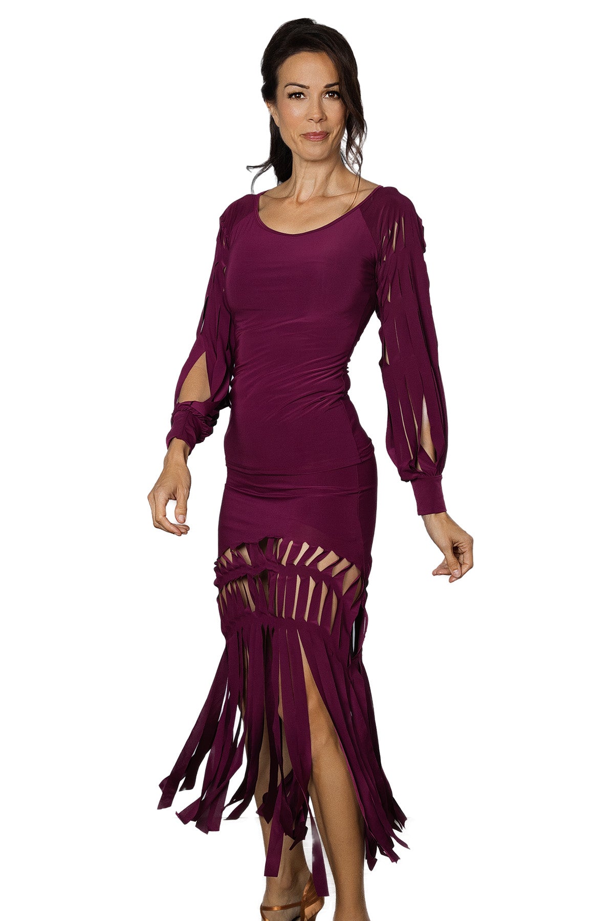 S2408 Cutout Band Skirt  Indulge in the elegance of our S2408 Cutout Band Skirt. The luxurious lasercut fabric creates a striking fringe pattern that will turn heads. Perfect for any occasion, this skirt will make you feel sophisticated and chic. Elevate your wardrobe with this exclusive piece. Wine