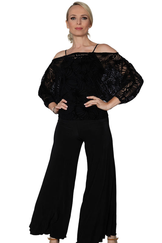 P2402 Palazzo Pants  Introducing our P2402 Palazzo Pants, perfect for both Latin and Ballroom Dancing practice! These comfy and stylish pants provide the ultimate comfort while you perfect your dance moves. Step up your practice game with our Palazzo Pants! Black