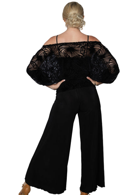 P2402 Palazzo Pants  Introducing our P2402 Palazzo Pants, perfect for both Latin and Ballroom Dancing practice! These comfy and stylish pants provide the ultimate comfort while you perfect your dance moves. Step up your practice game with our Palazzo Pants! Black view from the back