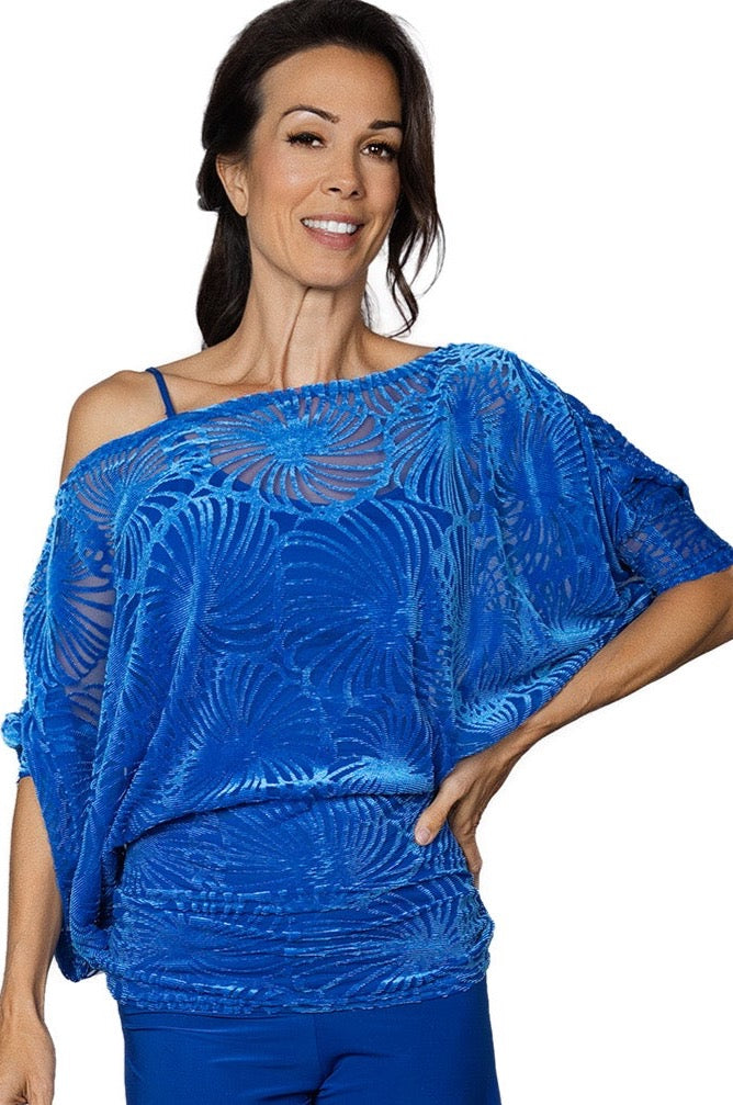 T2422 Burnout Velvet Dress Top with Camisole  This T2422 Burnout Velvet Dress Top with Camisole is a versatile and stylish two-piece ensemble that will make any dancer stand out. The burnout velvet fabric adds a touch of elegance while the included camisole provides comfort and support. Perfect for performances. blue