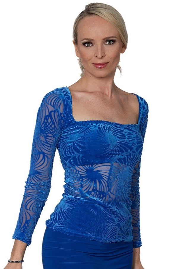 T2420 Square Neck Burnout Velvet Top  Unleash your adventurous side with our T2420 Square Neck Burnout Velvet Top! Featuring beautiful burnout velvet that enhances the beauty of your skin, this top is perfect for ballroom lessons or parties. Make a statement and stand out from the crowd. blue