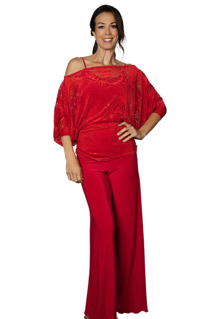 P2402 Palazzo Pants  Introducing our P2402 Palazzo Pants, perfect for both Latin and Ballroom Dancing practice! These comfy and stylish pants provide the ultimate comfort while you perfect your dance moves. Step up your practice game with our Palazzo Pants! Red