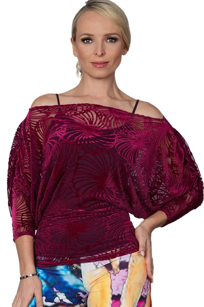 T2422 Burnout Velvet Dress Top with Camisole  This T2422 Burnout Velvet Dress Top with Camisole is a versatile and stylish two-piece ensemble that will make any dancer stand out. The burnout velvet fabric adds a touch of elegance while the included camisole provides comfort and support. Perfect for performances. wine