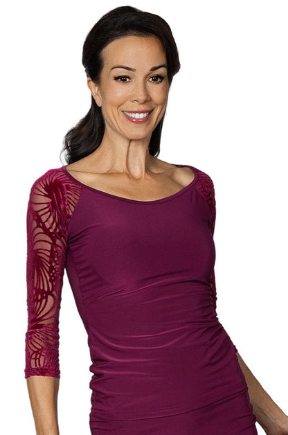 T2421 T-shirt Top with Burnout Velvet Sleeves  Elevate your evening at the dance school with the T2421 T-shirt Top. Featuring burnout velvet sleeves, this top adds a touch of sophistication and elegance to your outfit. Get ready to make a statement and stand out on the dance floor. Perfect for making a professional and stylish impression. wine