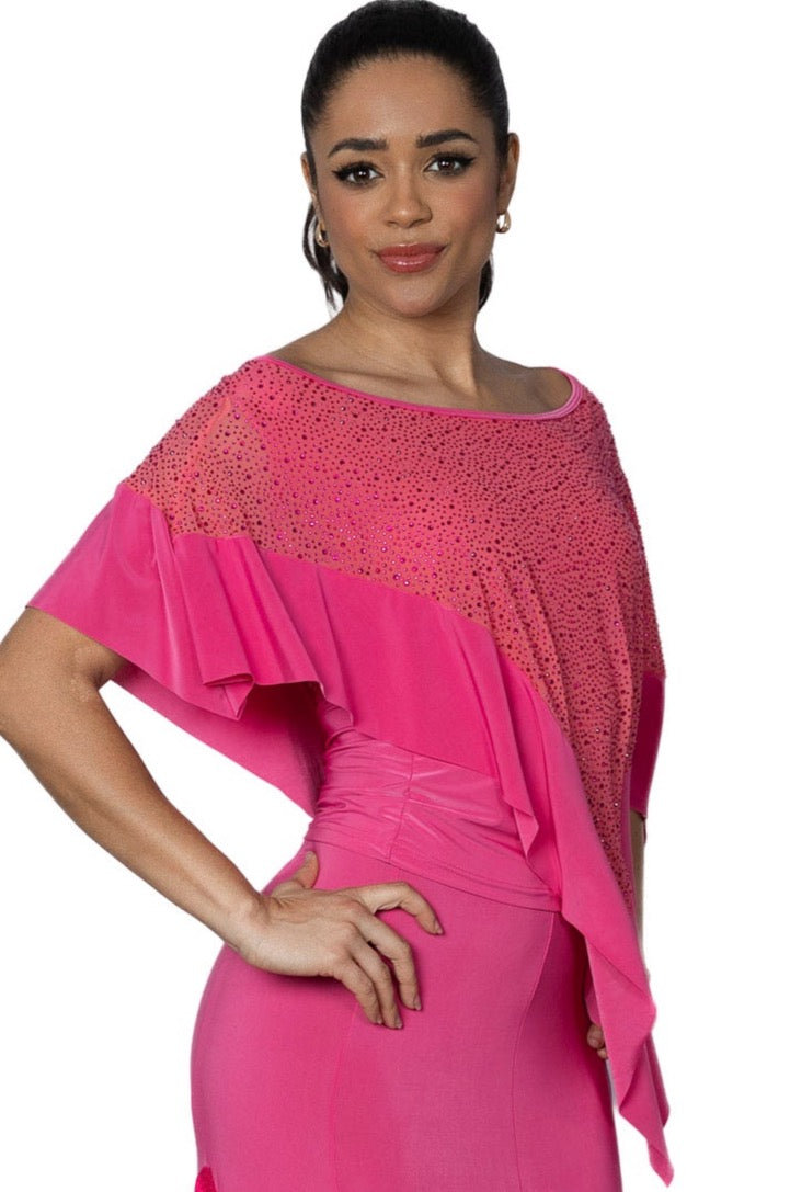 T2430 Rhinestone Diagonal Caplet Top  Indulge in luxury with our T2430 Rhinestone Diagonal Caplet Top. This exclusive piece features a stretch power mesh adorned with color-matching rhinestones in multiple sizes. With its sophisticated design and elegant flair, this top is sure to elevate any ensemble. Perfect for those seeking a touch of opulence in their wardrobe. pink