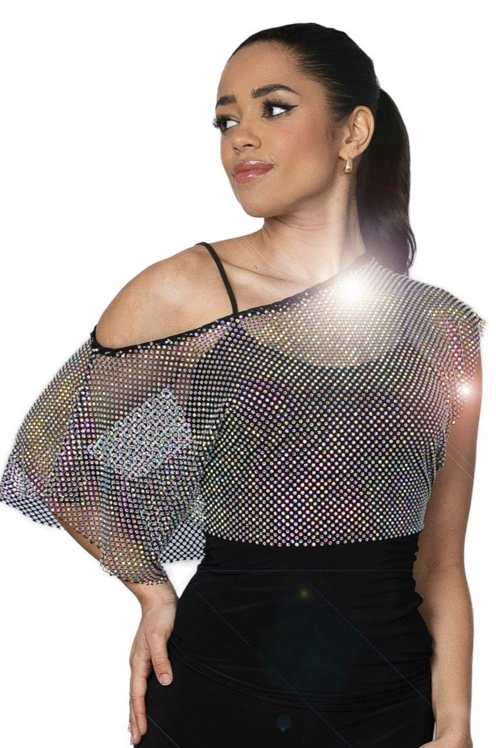 T2431 Rhinestone Crop Top with Camisole  Elevate your dance look with our T2431 Rhinestone Crop Top with Camisole. The mesh material, embellished with SS16 AB rhinestones, adds that extra touch of sparkle, ensuring you stand out on the dance floor. Perfect for a sophisticated and exclusive style. black