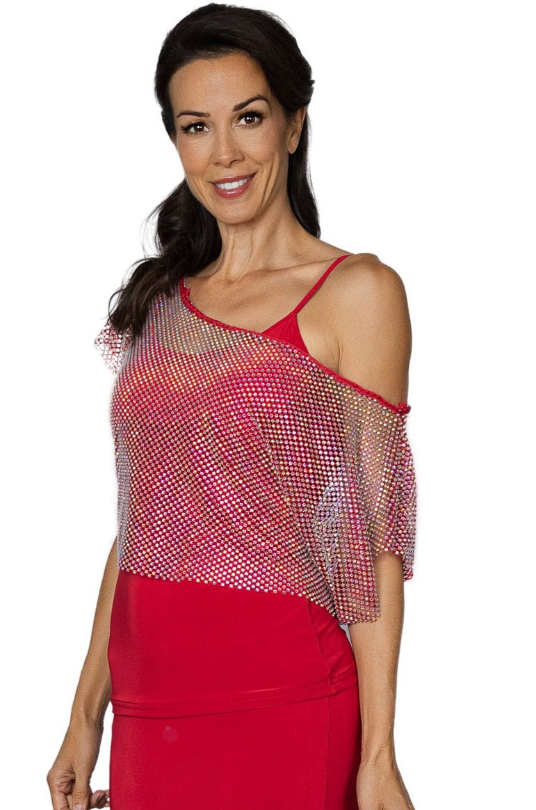 T2431 Rhinestone Crop Top with Camisole  Elevate your dance look with our T2431 Rhinestone Crop Top with Camisole. The mesh material, embellished with SS16 AB rhinestones, adds that extra touch of sparkle, ensuring you stand out on the dance floor. Perfect for a sophisticated and exclusive style. red