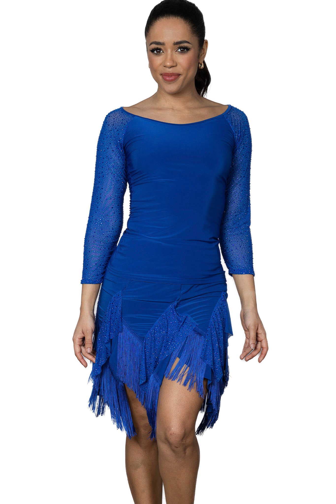 S2442 Short Fringe and Rhinestone Gypsy Skirt. Blue