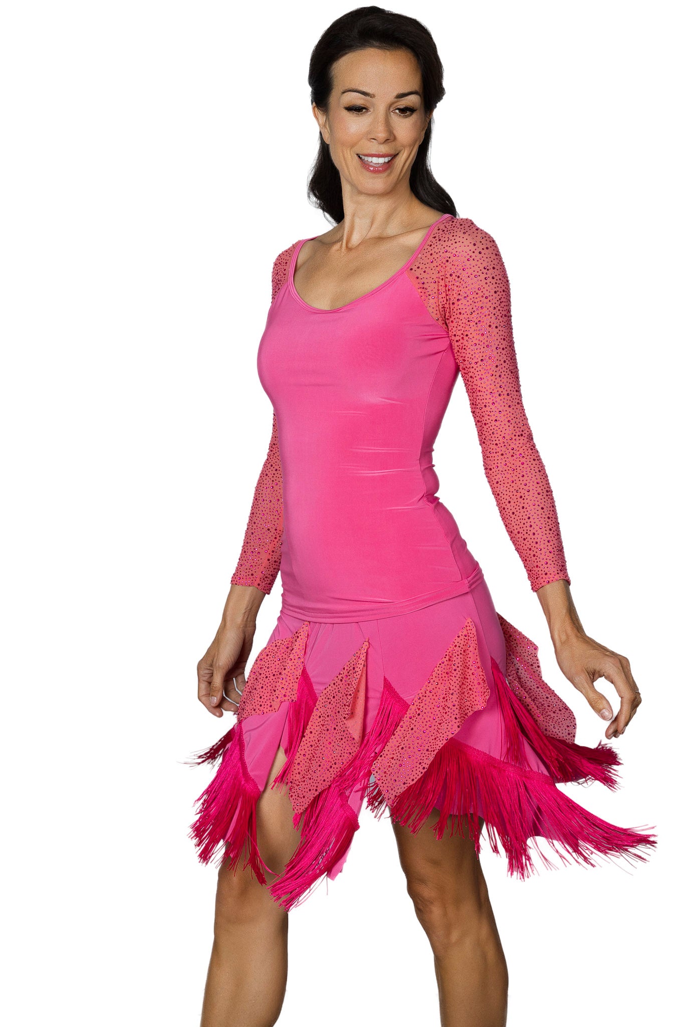 S2442 Short Fringe and Rhinestone Gypsy Skirt. Pink