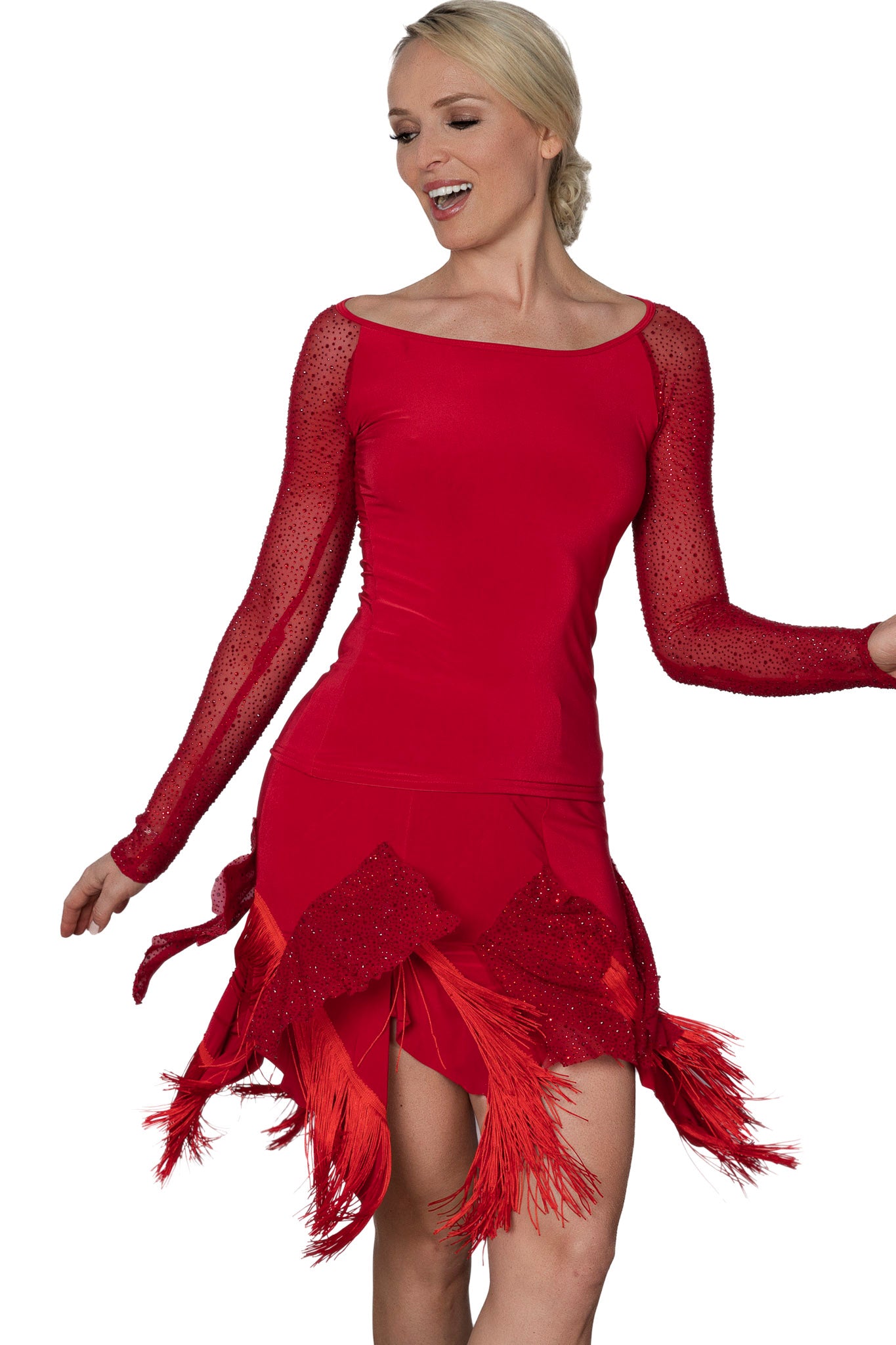 S2442 Short Fringe and Rhinestone Gypsy Skirt. Red