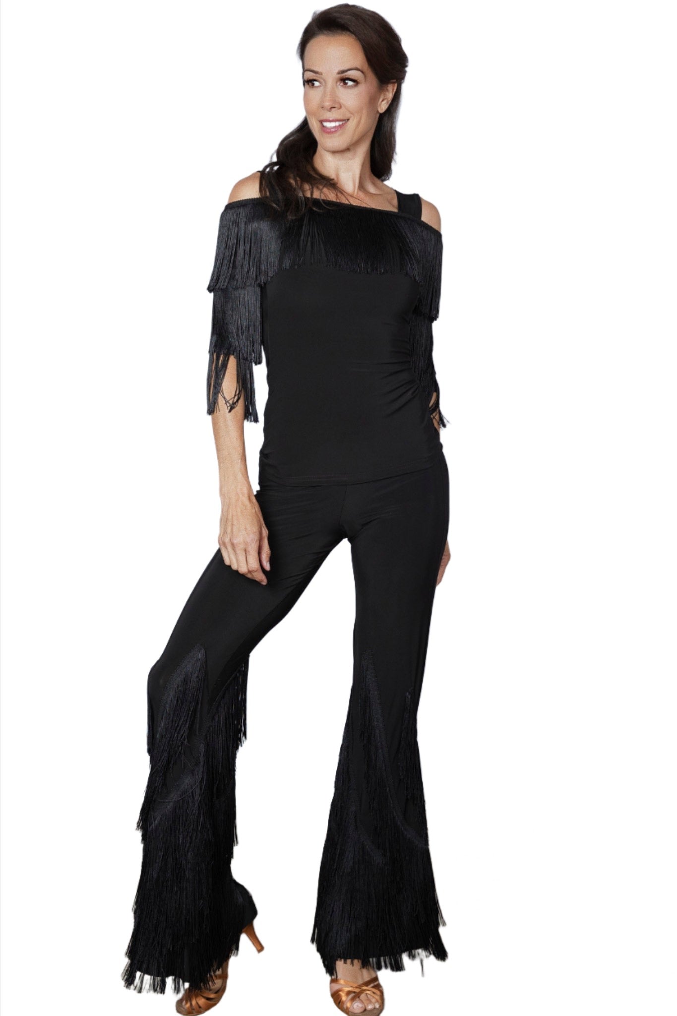 P2411 Spiral Fringe Pants  Enhance your dance moves with our P2411 Spiral Fringe Pants. The fringe sewn in a spiral outward adds a unique touch to your style. Get ready to stand out on the dance floor! black