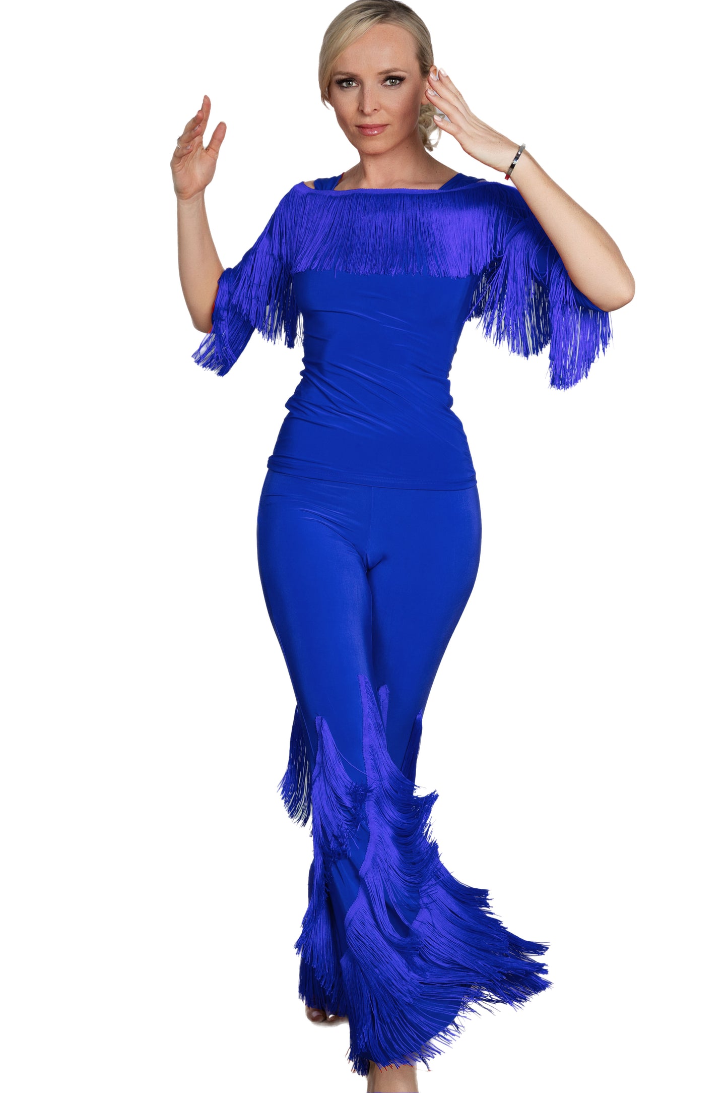 P2411 Spiral Fringe Pants  Enhance your dance moves with our P2411 Spiral Fringe Pants. The fringe sewn in a spiral outward adds a unique touch to your style. Get ready to stand out on the dance floor! blue