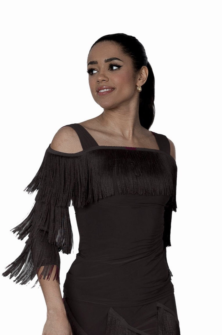 T2440 Cold Shoulder Fringe Top  Indulge in luxurious movement with our T2440 Cold Shoulder Fringe Top. The 6" stretch fringe adds fluidity and grace to your dance, making you stand out as a serious and sophisticated dancer. Elevate your performance with this exclusive top. black