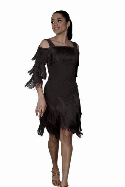 S2430 Diagonal Fringe Skirt  Shake and shimmy in style with our S2430 Diagonal Fringe Skirt! Perfect for rhythm and Latin dancers, this skirt boasts great movement thanks to its diagonal fringe design. Get ready to turn heads on the dance floor! Black