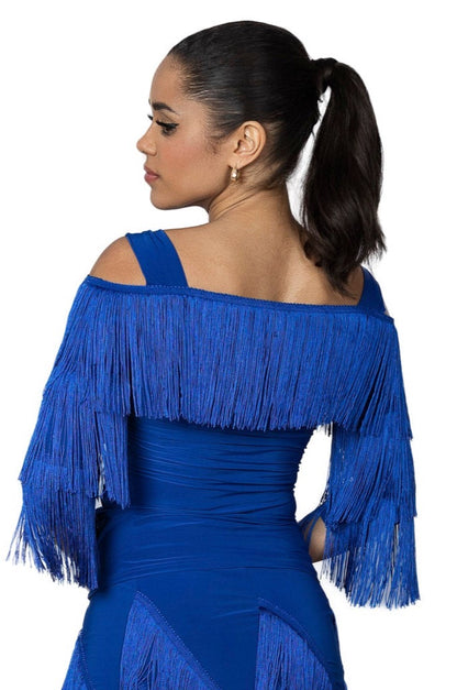 T2440 Cold Shoulder Fringe Top  Indulge in luxurious movement with our T2440 Cold Shoulder Fringe Top. The 6" stretch fringe adds fluidity and grace to your dance, making you stand out as a serious and sophisticated dancer. Elevate your performance with this exclusive top. blue