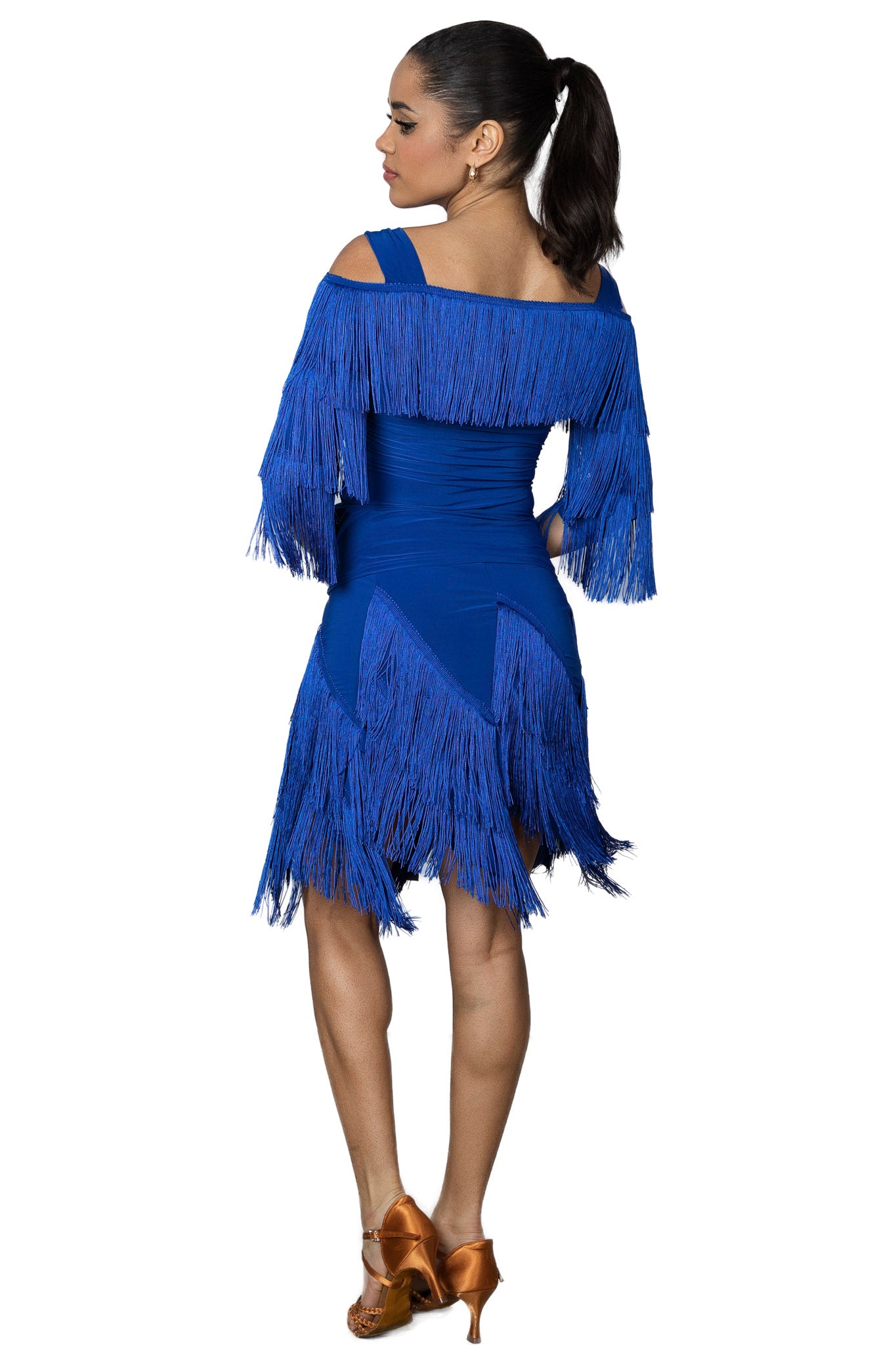 S2430 Diagonal Fringe Skirt  Shake and shimmy in style with our S2430 Diagonal Fringe Skirt! Perfect for rhythm and Latin dancers, this skirt boasts great movement thanks to its diagonal fringe design. Get ready to turn heads on the dance floor! Blue