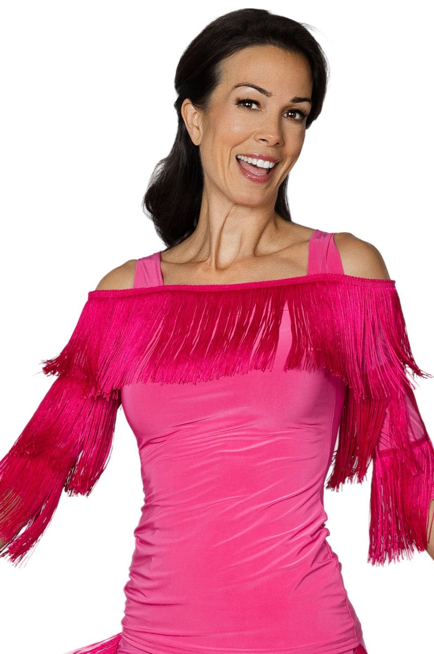 T2440 Cold Shoulder Fringe Top  Indulge in luxurious movement with our T2440 Cold Shoulder Fringe Top. The 6" stretch fringe adds fluidity and grace to your dance, making you stand out as a serious and sophisticated dancer. Elevate your performance with this exclusive top. pink