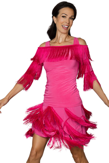 S2430 Diagonal Fringe Skirt  Shake and shimmy in style with our S2430 Diagonal Fringe Skirt! Perfect for rhythm and Latin dancers, this skirt boasts great movement thanks to its diagonal fringe design. Get ready to turn heads on the dance floor! Pink