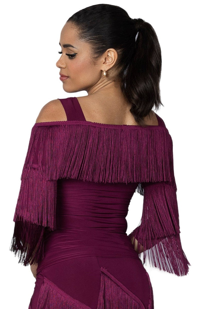 T2440 Cold Shoulder Fringe Top  Indulge in luxurious movement with our T2440 Cold Shoulder Fringe Top. The 6" stretch fringe adds fluidity and grace to your dance, making you stand out as a serious and sophisticated dancer. Elevate your performance with this exclusive top. wine