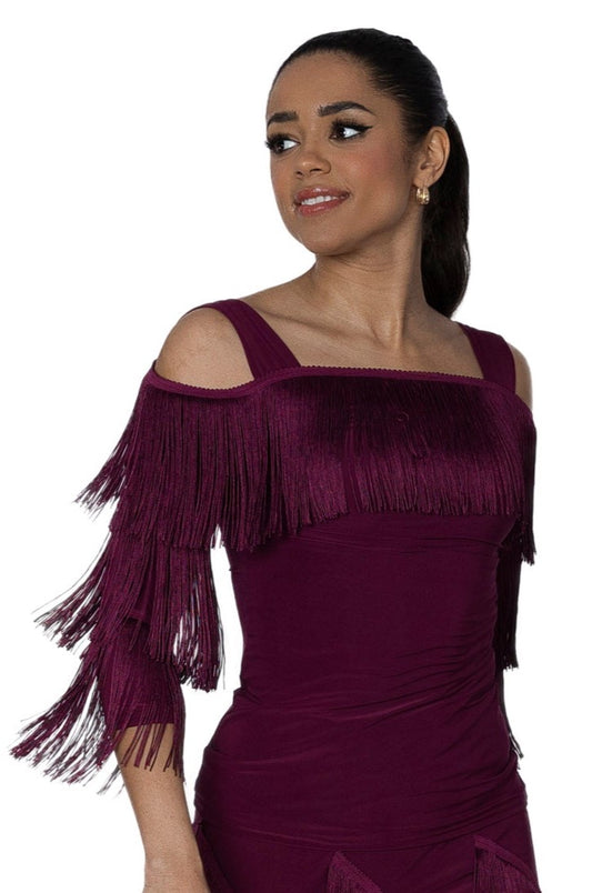 T2440 Cold Shoulder Fringe Top  Indulge in luxurious movement with our T2440 Cold Shoulder Fringe Top. The 6" stretch fringe adds fluidity and grace to your dance, making you stand out as a serious and sophisticated dancer. Elevate your performance with this exclusive top. wine