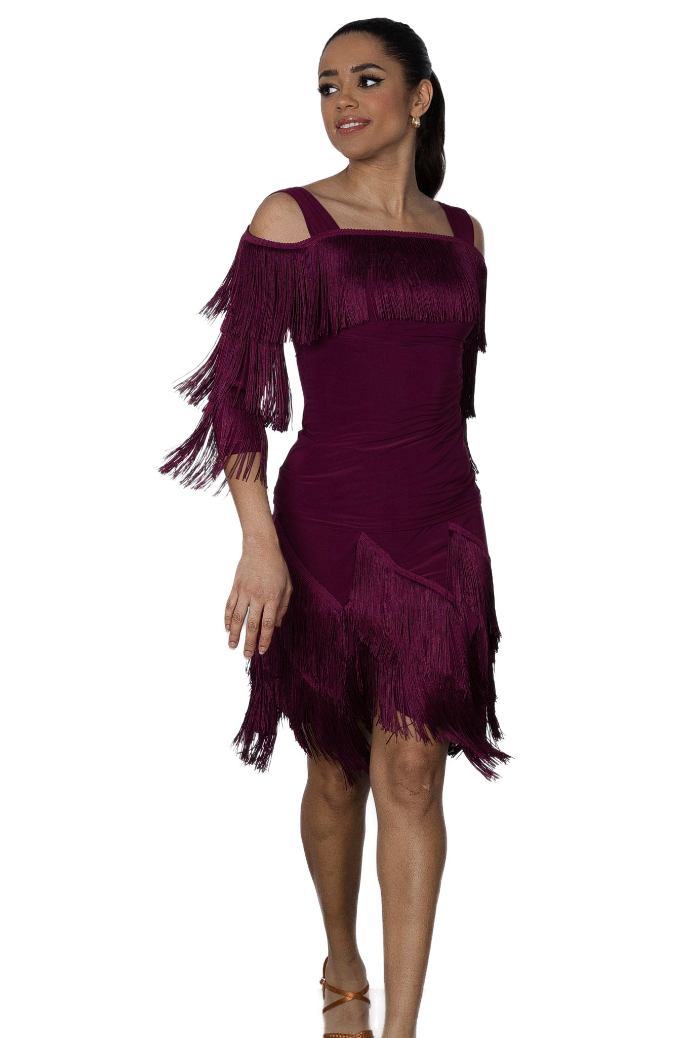 S2430 Diagonal Fringe Skirt  Shake and shimmy in style with our S2430 Diagonal Fringe Skirt! Perfect for rhythm and Latin dancers, this skirt boasts great movement thanks to its diagonal fringe design. Get ready to turn heads on the dance floor! Wine