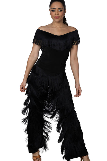 P2410 Full Fringe Pants  Unleash your inner dancing diva with P2410 Full Fringe Pants! These stretchy pants are covered in 6 inches of dense fringe, amplifying your every move on the dance floor. Get ready to twirl, shimmy, and shake in style! Black