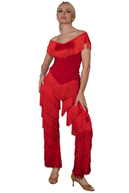 P2410 Full Fringe Pants  Unleash your inner dancing diva with P2410 Full Fringe Pants! These stretchy pants are covered in 6 inches of dense fringe, amplifying your every move on the dance floor. Get ready to twirl, shimmy, and shake in style! Red