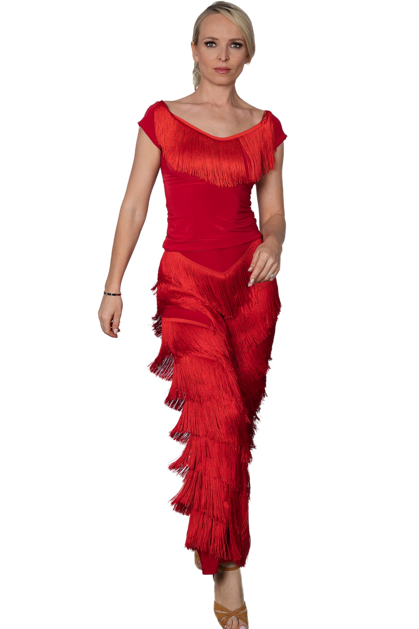 P2410 Full Fringe Pants  Unleash your inner dancing diva with P2410 Full Fringe Pants! These stretchy pants are covered in 6 inches of dense fringe, amplifying your every move on the dance floor. Get ready to twirl, shimmy, and shake in style! Red