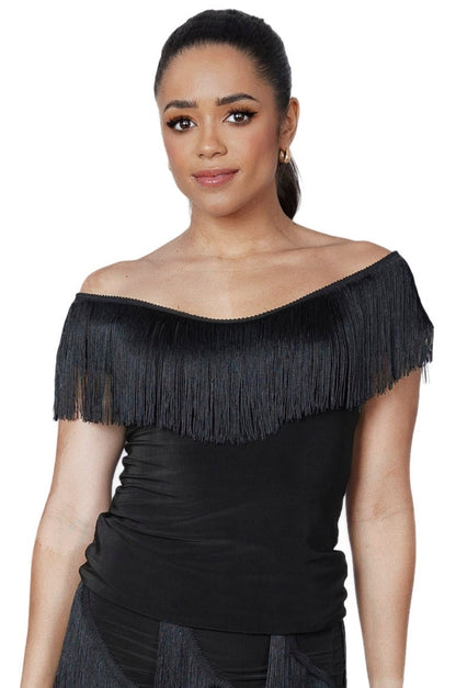 T2441 Fresco Fringe Top  Indulge in luxurious fashion with our T2441 Fresco Fringe Top. This exquisite top boasts 6 inches of stretchable fringe, adding movement and texture to your look. Elevate your style with this exclusive and tasteful piece. Perfect for a night out or a sophisticated event. black