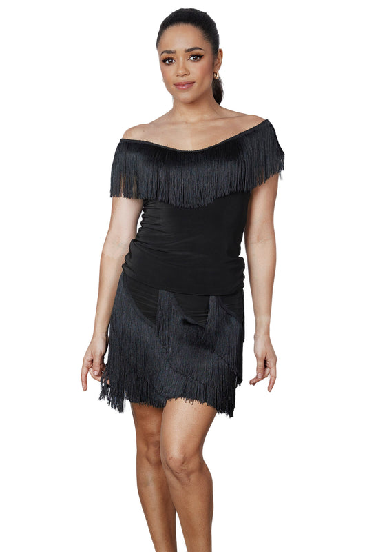 S2432 Short Spiral Fringe Skirt  Get ready to spin and twirl in our S2432 Short Spiral Fringe Skirt! The fringe is sewn in a spiral pattern, adding playful movement to this shorter skirt. Perfect for adding some lively flair to your outfit. Black