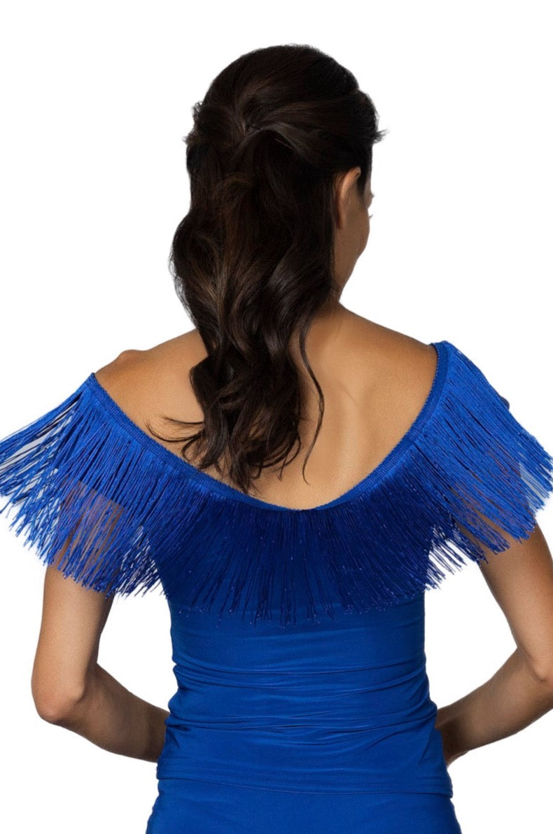 T2441 Fresco Fringe Top  Indulge in luxurious fashion with our T2441 Fresco Fringe Top. This exquisite top boasts 6 inches of stretchable fringe, adding movement and texture to your look. Elevate your style with this exclusive and tasteful piece. Perfect for a night out or a sophisticated event. blue