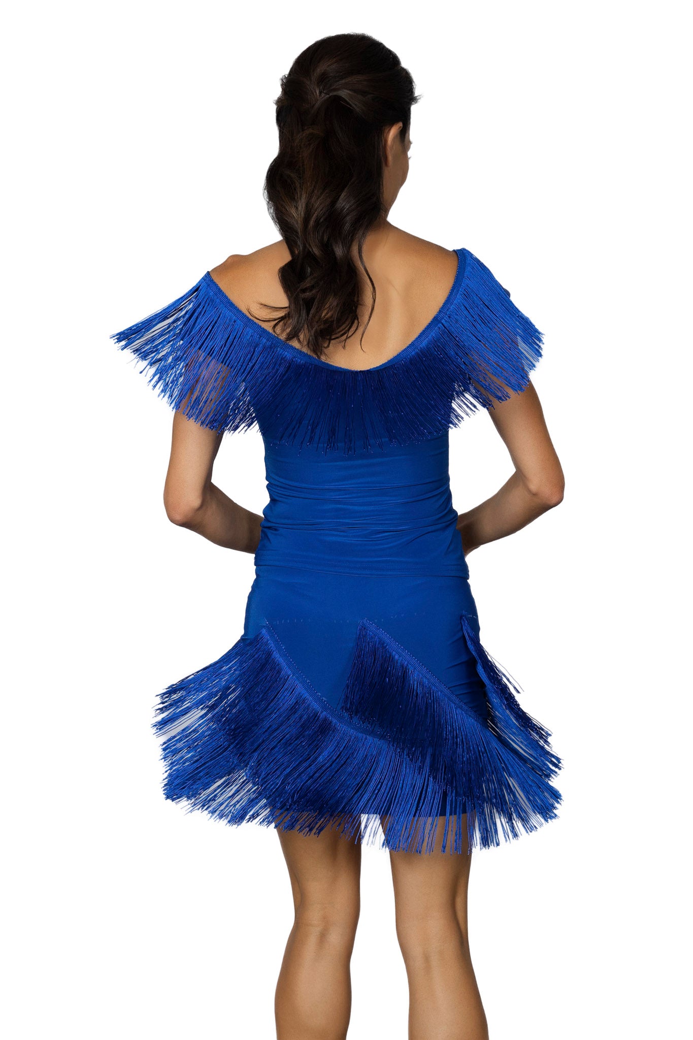 S2432 Short Spiral Fringe Skirt  Get ready to spin and twirl in our S2432 Short Spiral Fringe Skirt! The fringe is sewn in a spiral pattern, adding playful movement to this shorter skirt. Perfect for adding some lively flair to your outfit. Blue