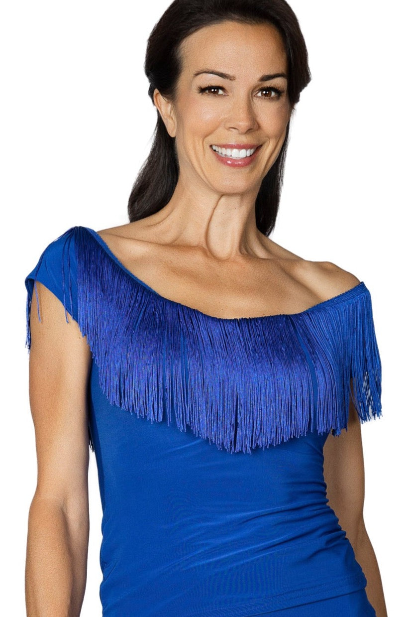 T2441 Fresco Fringe Top  Indulge in luxurious fashion with our T2441 Fresco Fringe Top. This exquisite top boasts 6 inches of stretchable fringe, adding movement and texture to your look. Elevate your style with this exclusive and tasteful piece. Perfect for a night out or a sophisticated event. blue