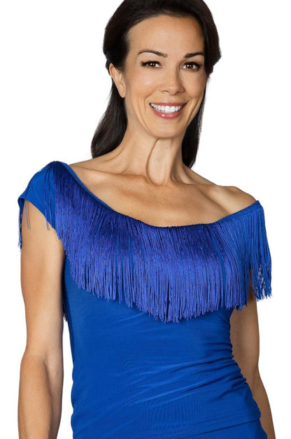 T2441 Fresco Fringe Top  Indulge in luxurious fashion with our T2441 Fresco Fringe Top. This exquisite top boasts 6 inches of stretchable fringe, adding movement and texture to your look. Elevate your style with this exclusive and tasteful piece. Perfect for a night out or a sophisticated event. blue