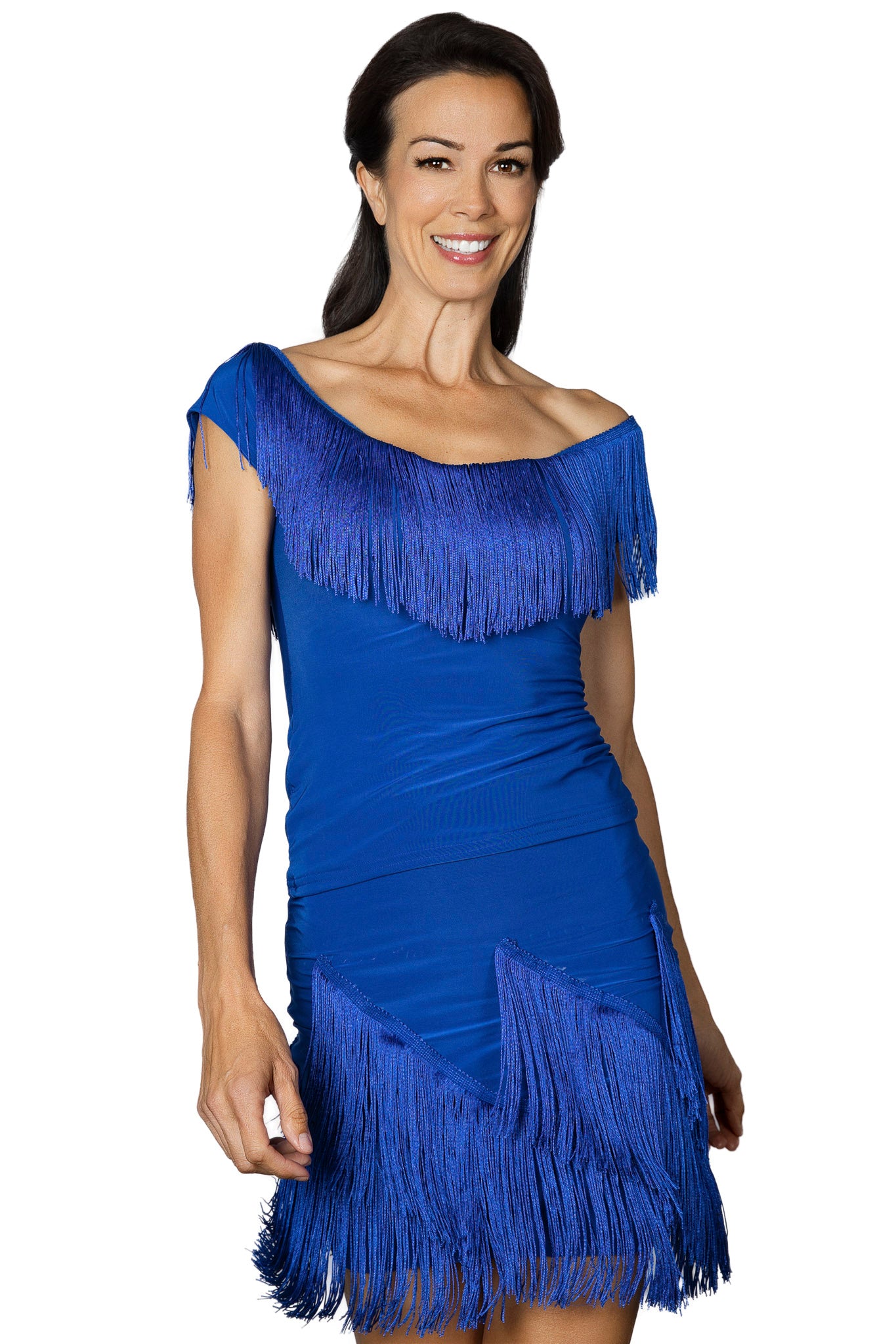 S2432 Short Spiral Fringe Skirt  Get ready to spin and twirl in our S2432 Short Spiral Fringe Skirt! The fringe is sewn in a spiral pattern, adding playful movement to this shorter skirt. Perfect for adding some lively flair to your outfit. Blue