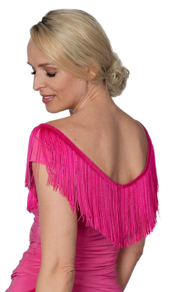 T2441 Fresco Fringe Top  Indulge in luxurious fashion with our T2441 Fresco Fringe Top. This exquisite top boasts 6 inches of stretchable fringe, adding movement and texture to your look. Elevate your style with this exclusive and tasteful piece. Perfect for a night out or a sophisticated event. pink