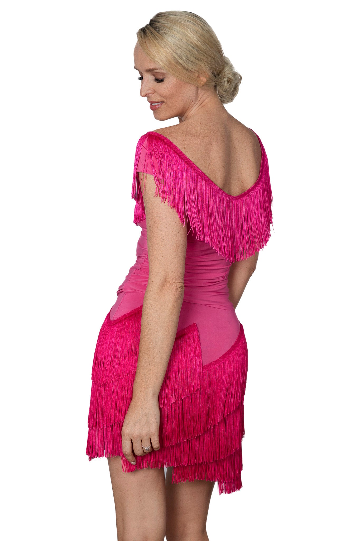 S2432 Short Spiral Fringe Skirt  Get ready to spin and twirl in our S2432 Short Spiral Fringe Skirt! The fringe is sewn in a spiral pattern, adding playful movement to this shorter skirt. Perfect for adding some lively flair to your outfit. Pink