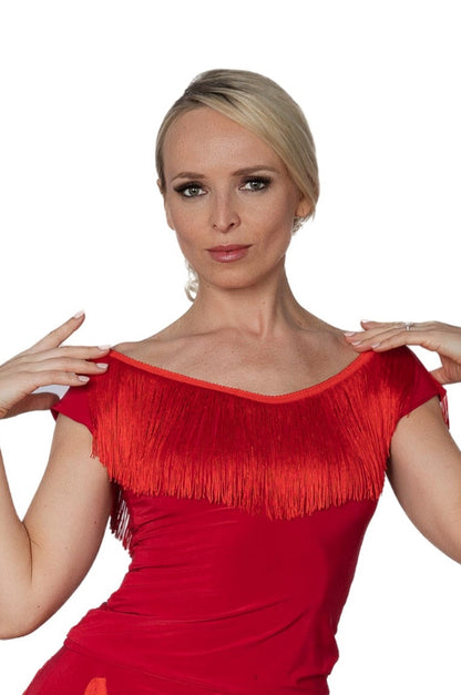 T2441 Fresco Fringe Top  Indulge in luxurious fashion with our T2441 Fresco Fringe Top. This exquisite top boasts 6 inches of stretchable fringe, adding movement and texture to your look. Elevate your style with this exclusive and tasteful piece. Perfect for a night out or a sophisticated event. red