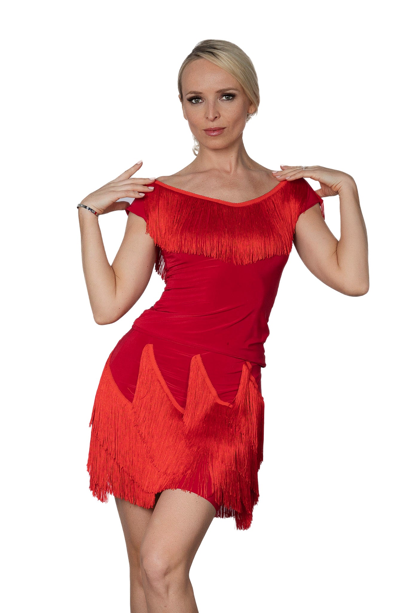 S2432 Short Spiral Fringe Skirt  Get ready to spin and twirl in our S2432 Short Spiral Fringe Skirt! The fringe is sewn in a spiral pattern, adding playful movement to this shorter skirt. Perfect for adding some lively flair to your outfit. Red