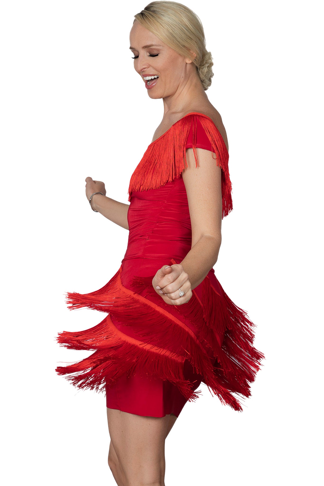 S2432 Short Spiral Fringe Skirt  Get ready to spin and twirl in our S2432 Short Spiral Fringe Skirt! The fringe is sewn in a spiral pattern, adding playful movement to this shorter skirt. Perfect for adding some lively flair to your outfit. Red