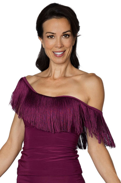 T2441 Fresco Fringe Top  Indulge in luxurious fashion with our T2441 Fresco Fringe Top. This exquisite top boasts 6 inches of stretchable fringe, adding movement and texture to your look. Elevate your style with this exclusive and tasteful piece. Perfect for a night out or a sophisticated event. wine